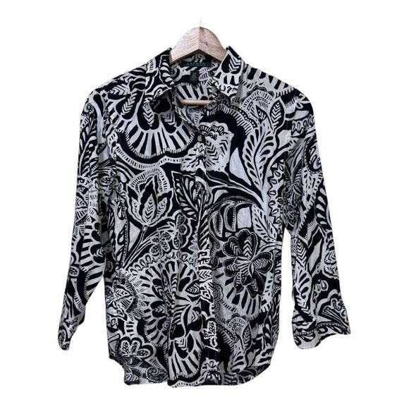 Lauren Ralph Lauren Womens Black & White Floral Print Button Down Blouse Size Pe - Picture 1 of 5